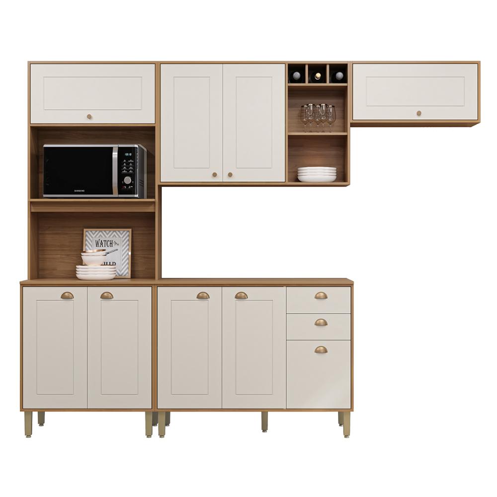 Cozinha Tunísia Completa 263cm com 9 Portas e 2 Gavetas Canelato/Off White