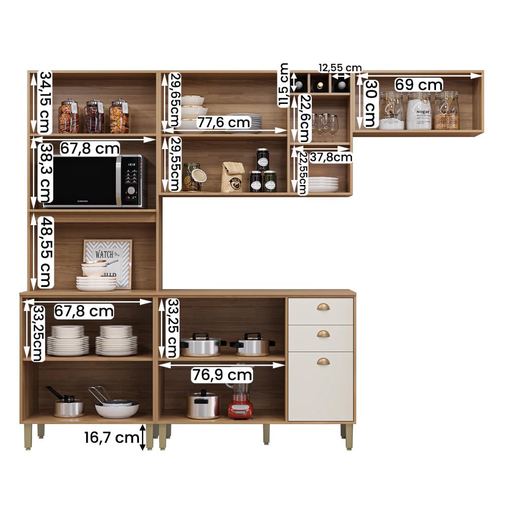 Cozinha Tunísia Completa 263cm com 9 Portas e 2 Gavetas Canelato/Off White