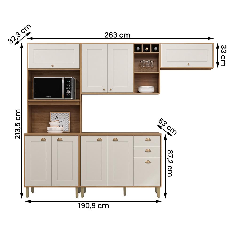 Cozinha Tunísia Completa 263cm com 9 Portas e 2 Gavetas Canelato/Off White