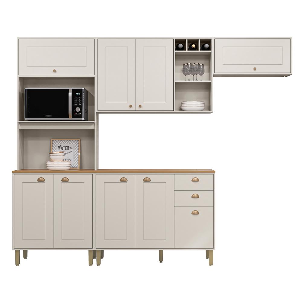 Cozinha Tunísia Completa 263cm com 9 Portas e 2 Gavetas Off White/Canelato