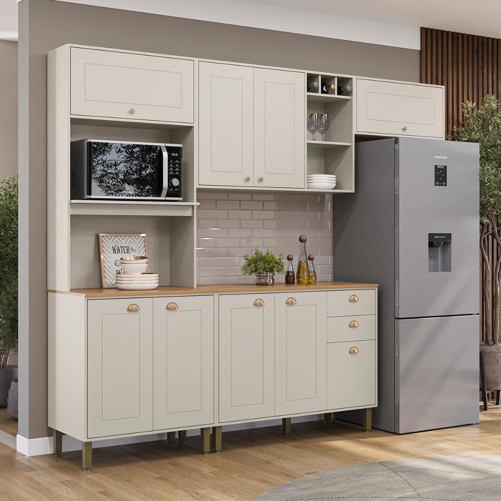Cozinha Tunísia Completa 263cm com 9 Portas e 2 Gavetas Off White/Canelato