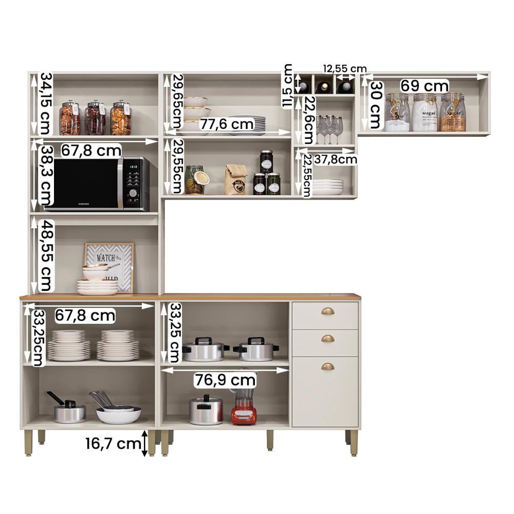 Cozinha Tunísia Completa 263cm com 9 Portas e 2 Gavetas Off White/Canelato