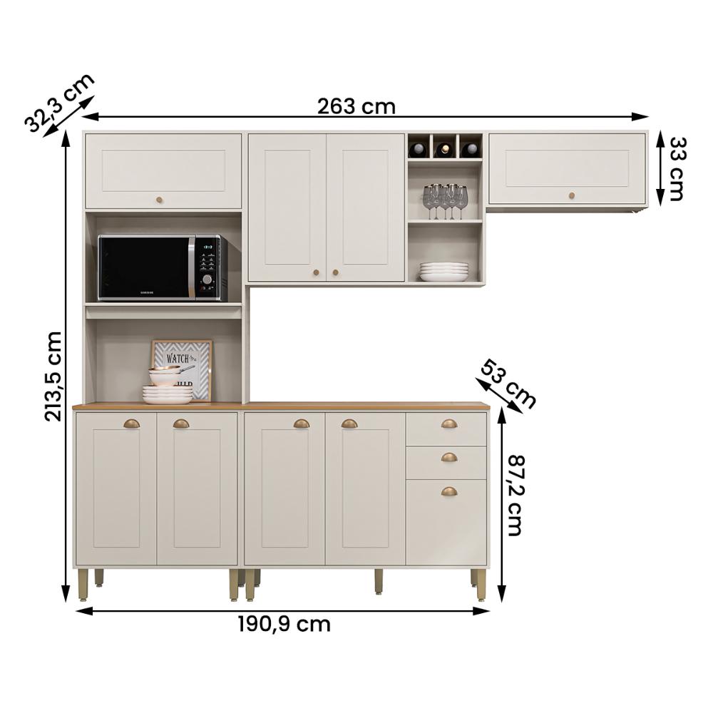 Cozinha Tunísia Completa 263cm com 9 Portas e 2 Gavetas Off White/Canelato