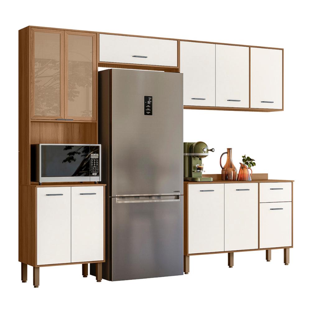 Cozinha com Balcão Paolla com 11 Portas e 1 Gaveta Ipe/Off White