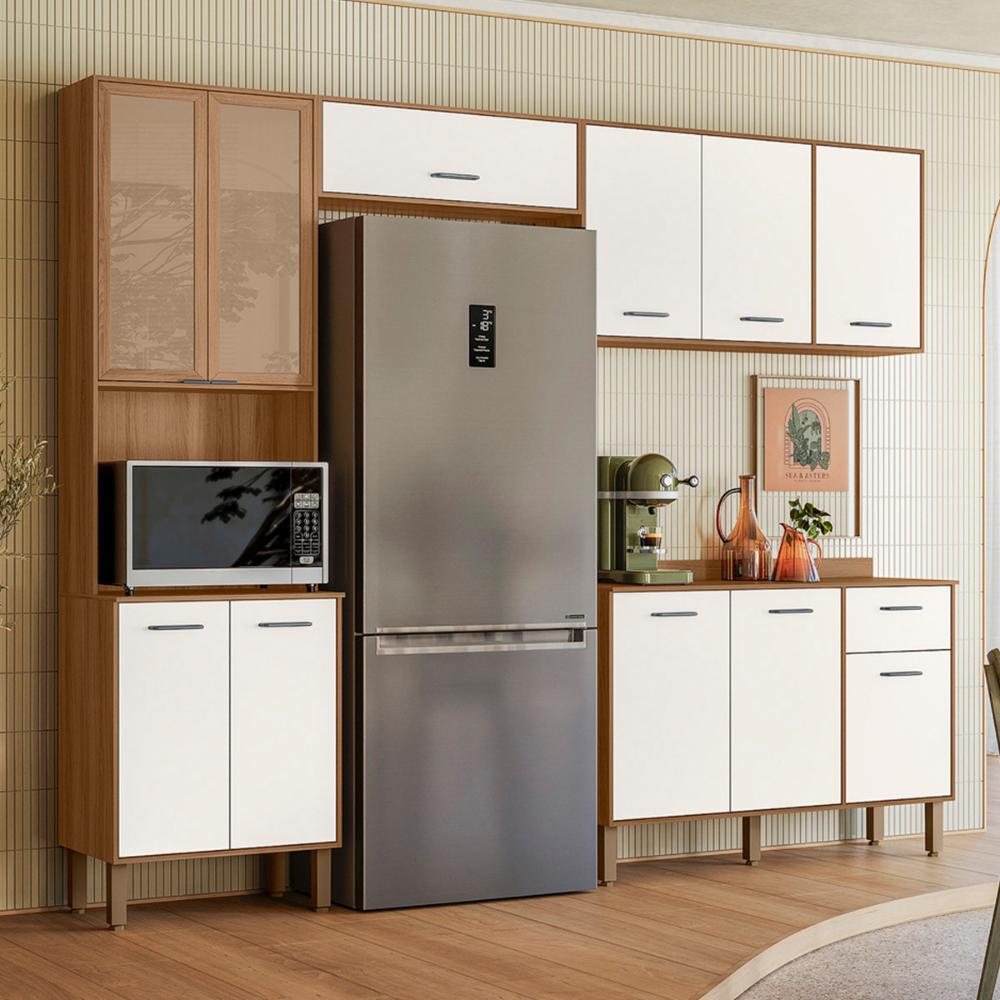 Cozinha com Balcão Paolla com 11 Portas e 1 Gaveta Ipe/Off White