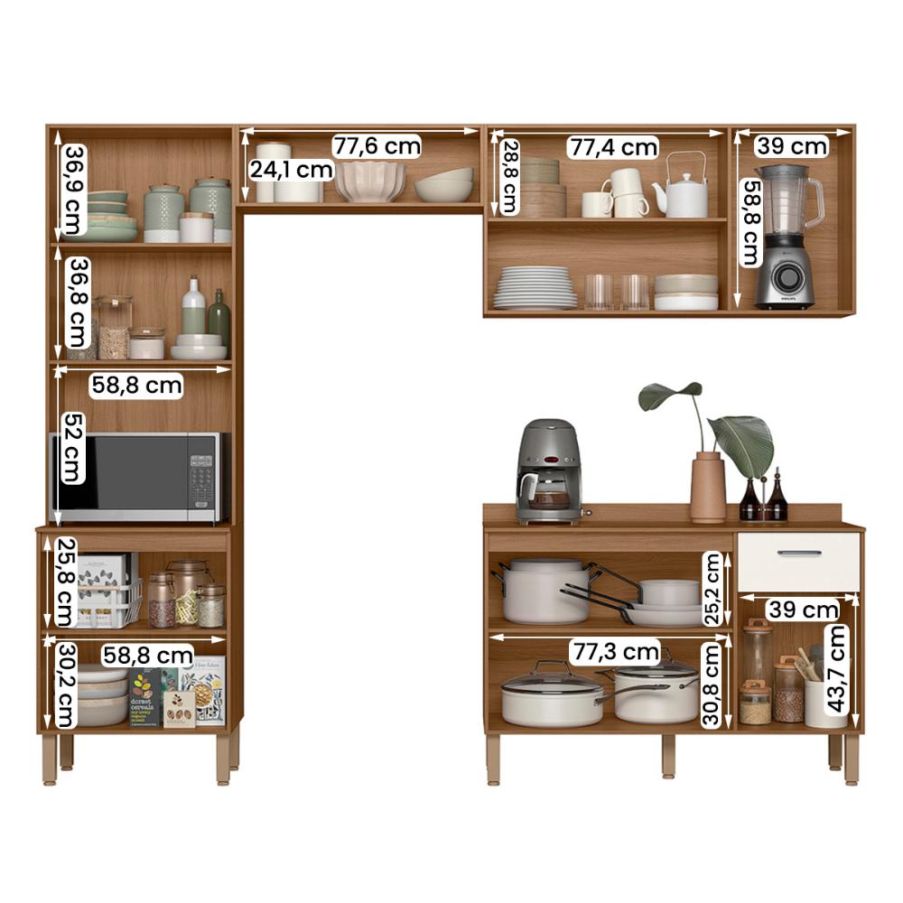 Cozinha com Balcão Paolla com 11 Portas e 1 Gaveta Ipe/Off White