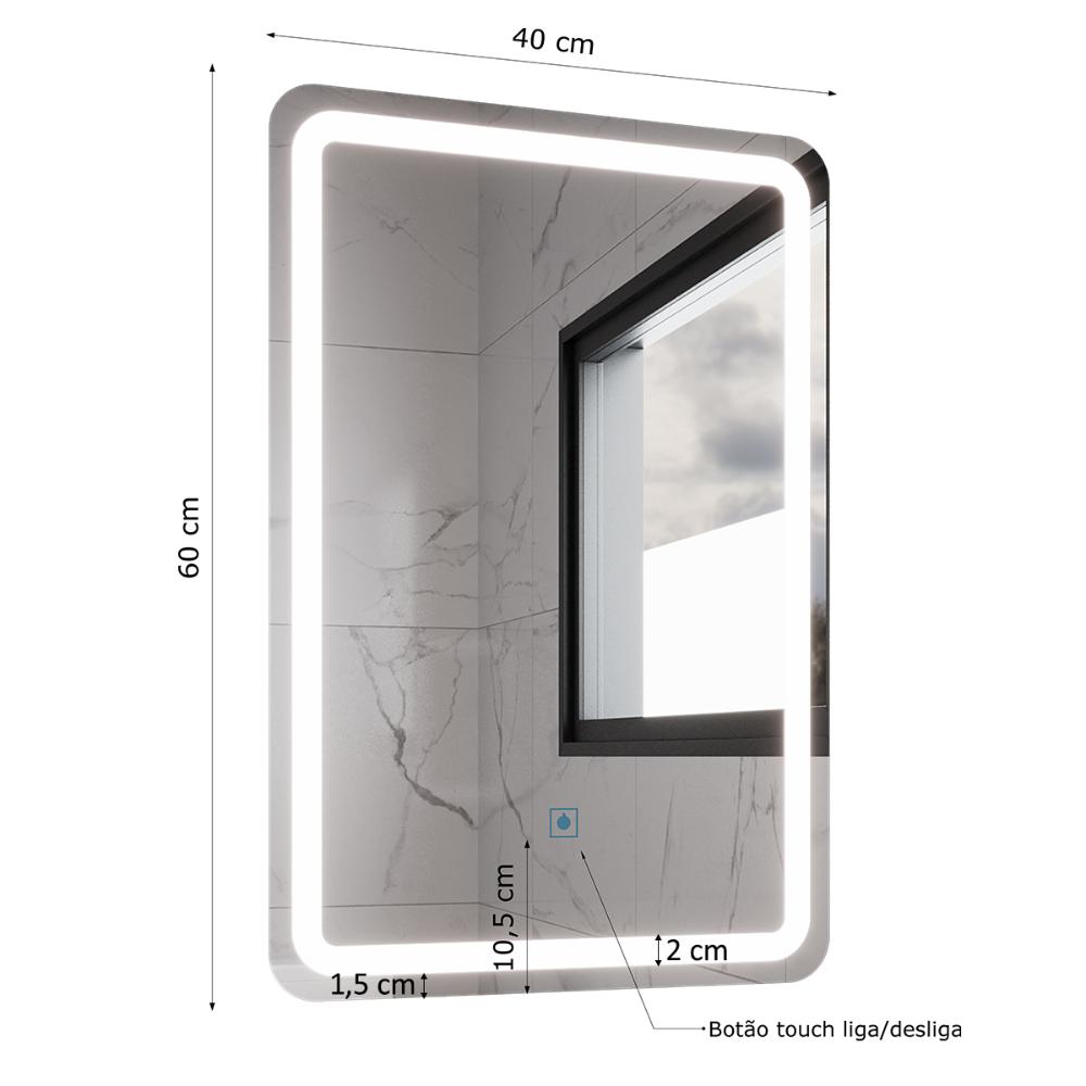 Espelho Retangular com LED 60x40cm Touch Bivolt Moderno LED Frio