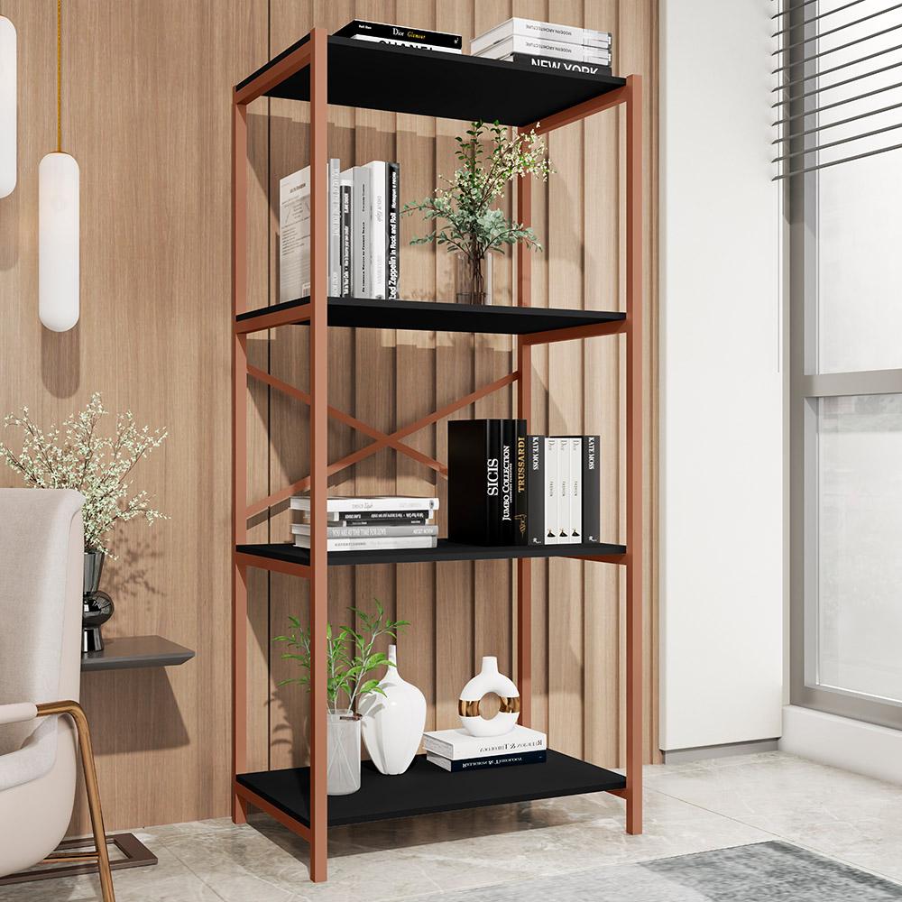 Estante Livreiro Steel 76cm Estilo Industrial com Pés em Aço Cobre/Preto