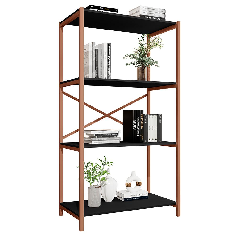 Estante Livreiro Steel 90cm Estilo Industrial com Pés em Aço Cobre/Preto