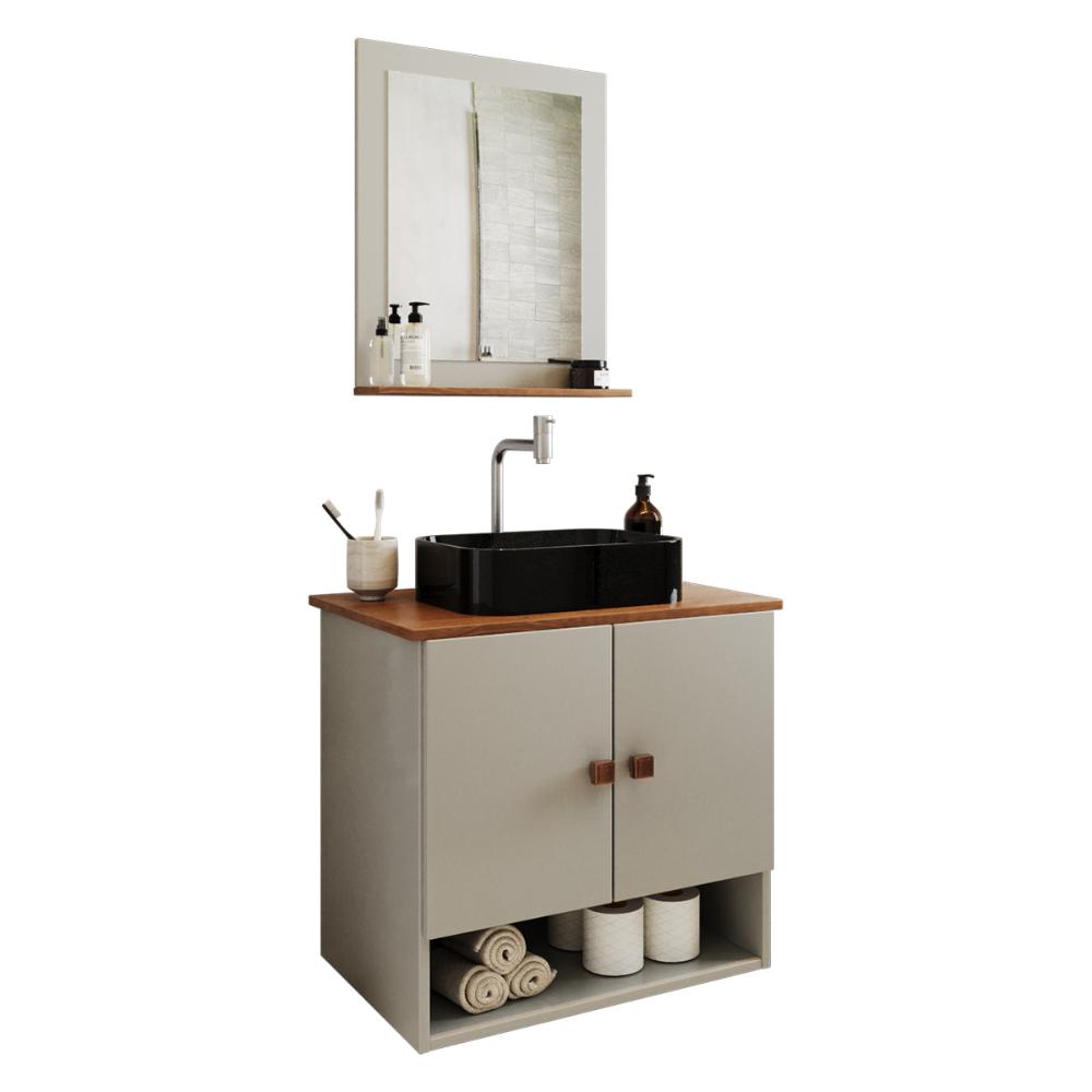 Gabinete Arm Banheiro Deli 2 Portas com Cuba Oxford Preta Off White/Nature