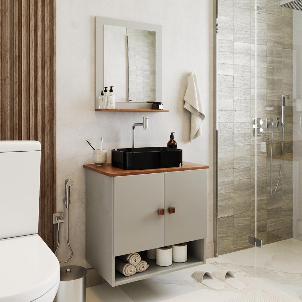 Gabinete Arm Banheiro Deli 2 Portas com Cuba Oxford Preta Off White/Nature