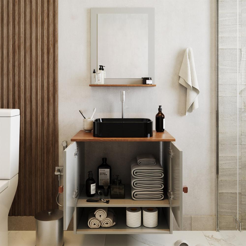 Gabinete Arm Banheiro Deli 2 Portas com Cuba Oxford Preta Off White/Nature