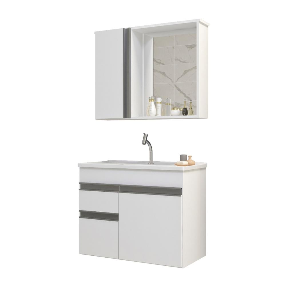 Gabinete Armario Para Banheiro Firenze com Espelheira e Cuba Branco