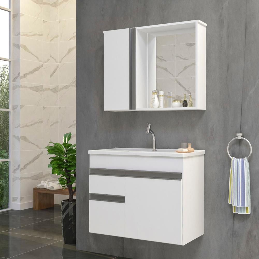 Gabinete Armario Para Banheiro Firenze com Espelheira e Cuba Branco