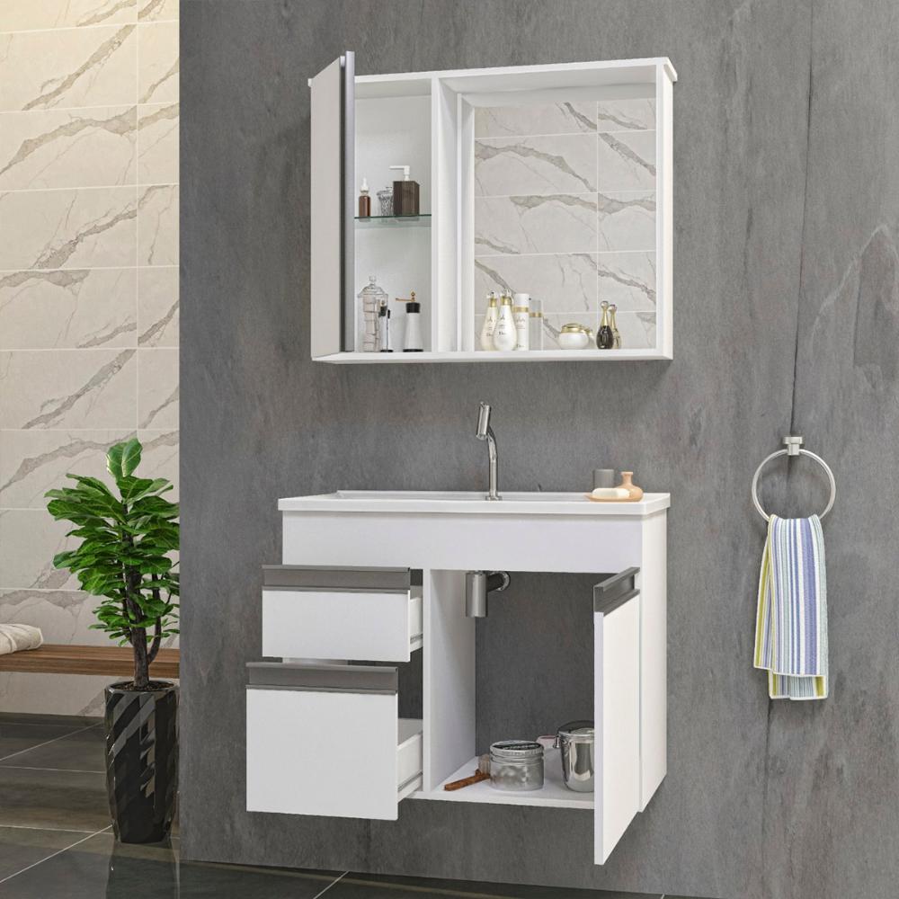 Gabinete Armario Para Banheiro Firenze com Espelheira e Cuba Branco