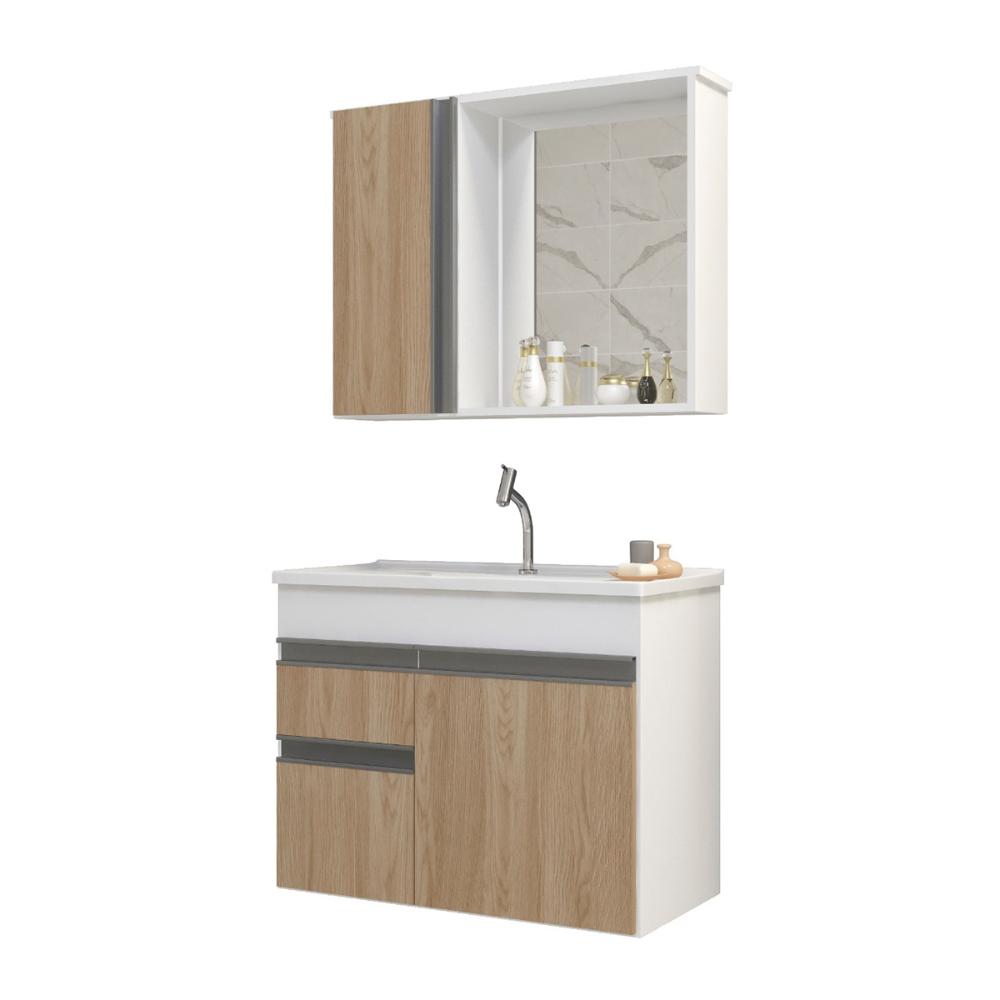Gabinete Armario Para Banheiro Firenze com Espelheira e Cuba Branco/Areal