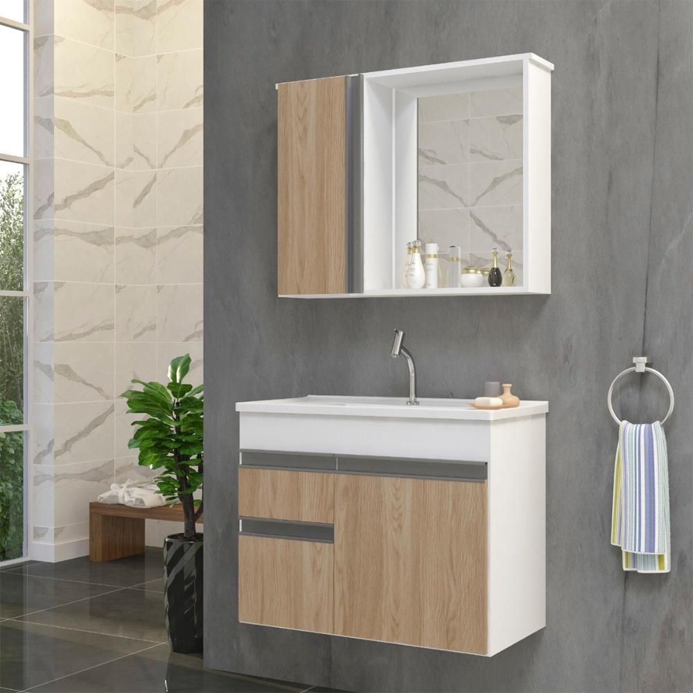 Gabinete Armario Para Banheiro Firenze com Espelheira e Cuba Branco/Areal