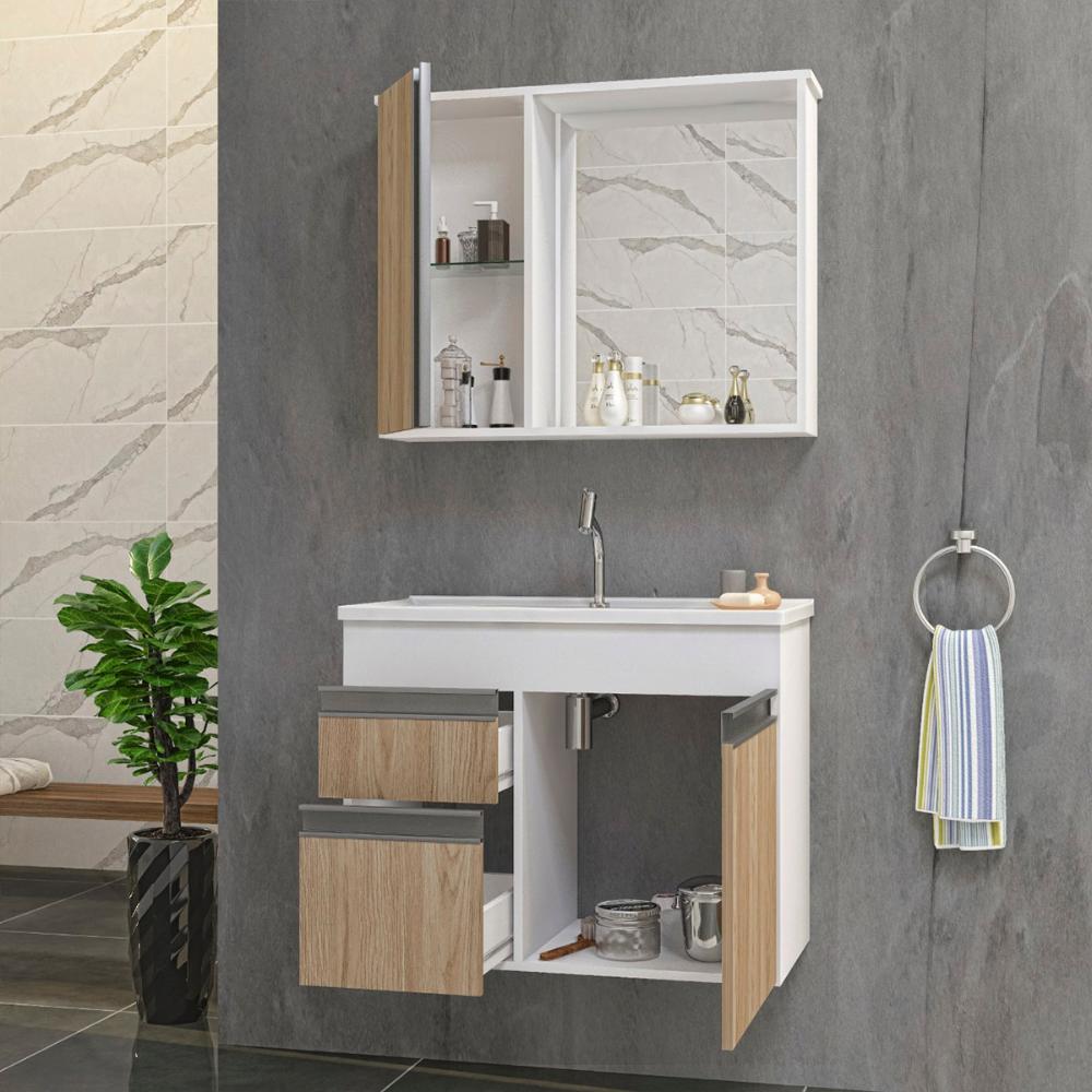 Gabinete Armario Para Banheiro Firenze com Espelheira e Cuba Branco/Areal