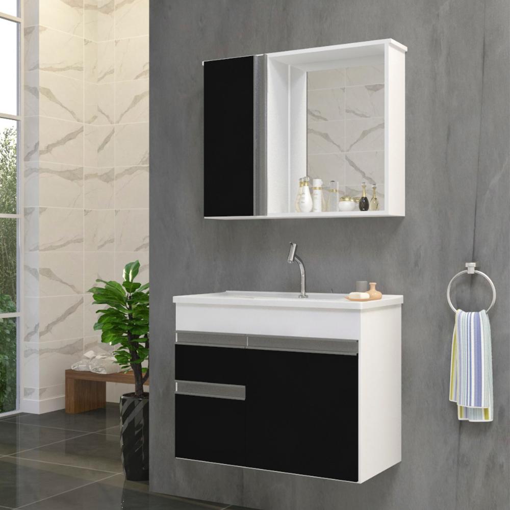 Gabinete Armario Para Banheiro Firenze com Espelheira e Cuba Branco/Preto