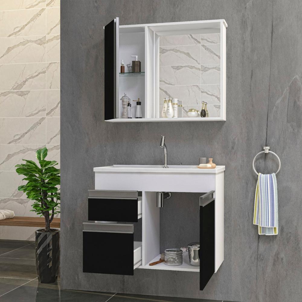 Gabinete Armario Para Banheiro Firenze com Espelheira e Cuba Branco/Preto