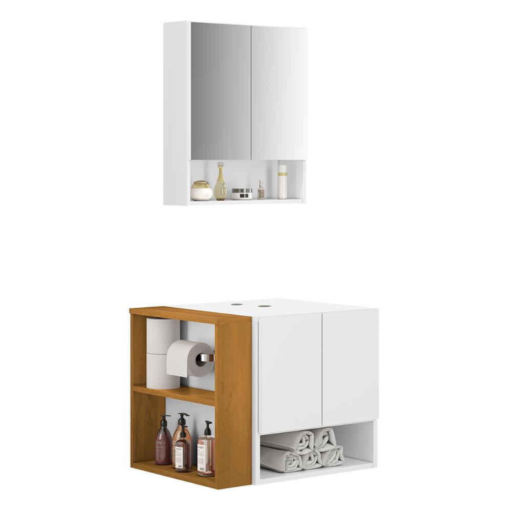 Gabinete Armario Troia Banheiro Com Espelheira e Papeleira Branco/Naturale