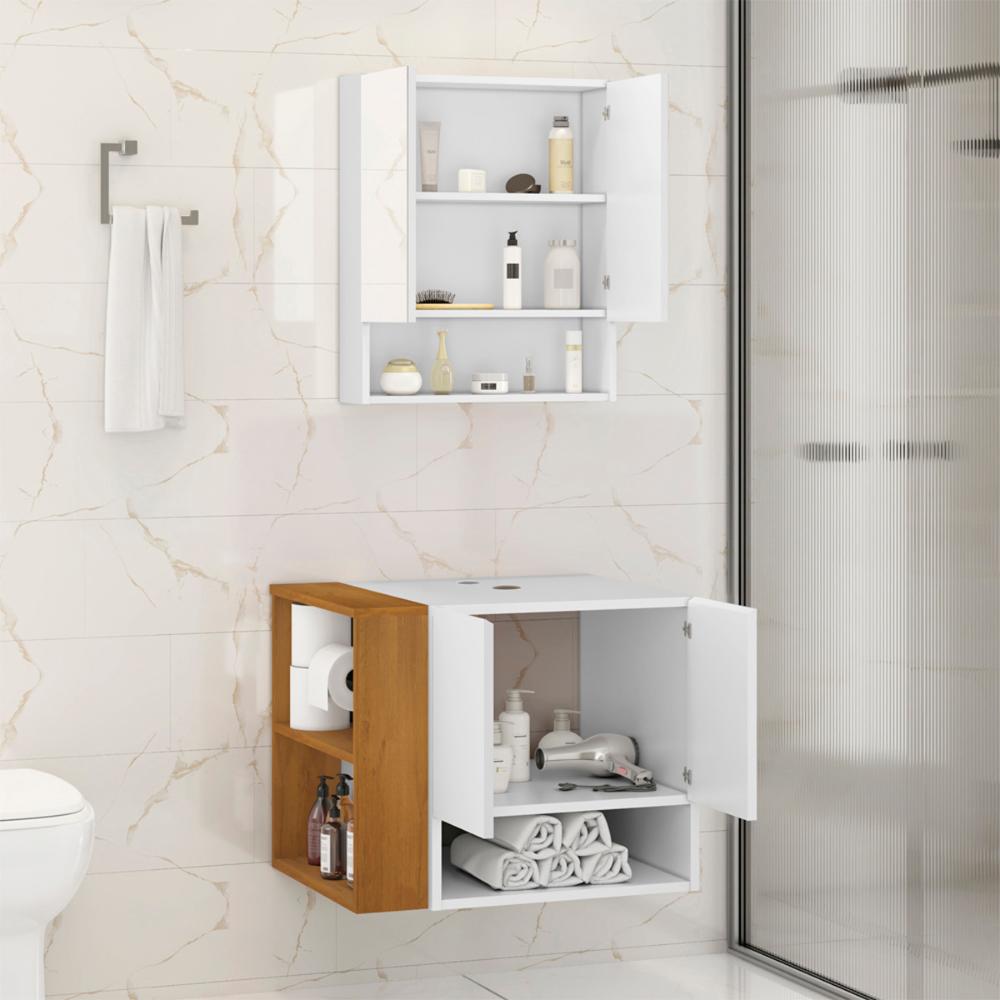 Gabinete Armario Troia Banheiro Com Espelheira e Papeleira Branco/Naturale