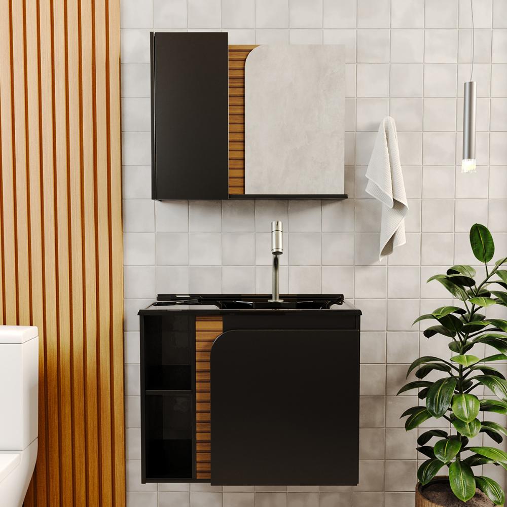 Gabinete Banheiro Lotus com 2 portas Espelheira e Cuba Preto Fosco/Ripa 3D