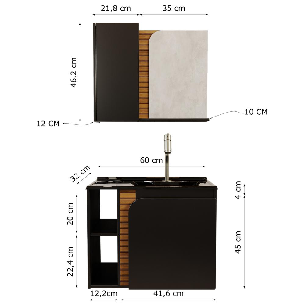 Gabinete Banheiro Lotus com 2 portas Espelheira e Cuba Preto Fosco/Ripa 3D
