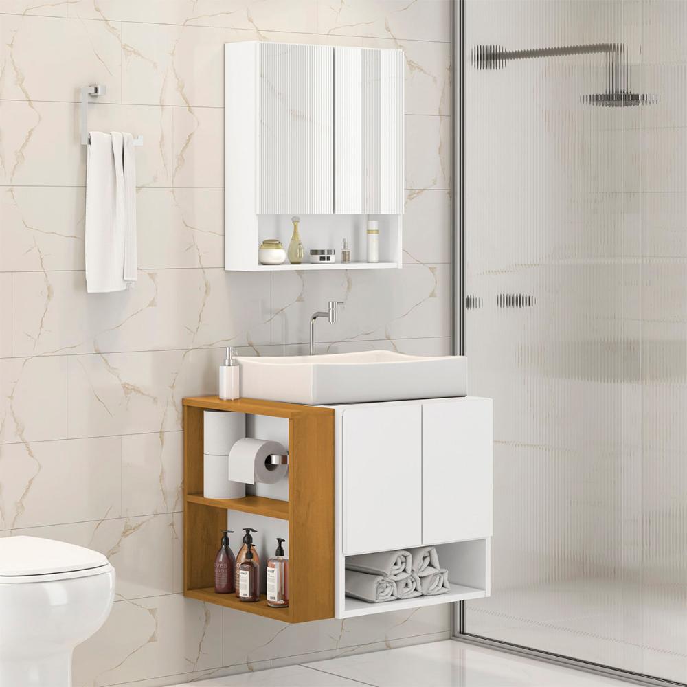Gabinete Troia Cuba Dalla Branca Torneira Inox Valvula Click Branco/Naturale
