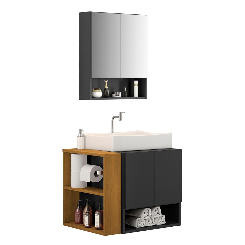 Gabinete Troia Cuba Dalla Branca Torneira Inox Valvula Click Preto Fosco/Naturale