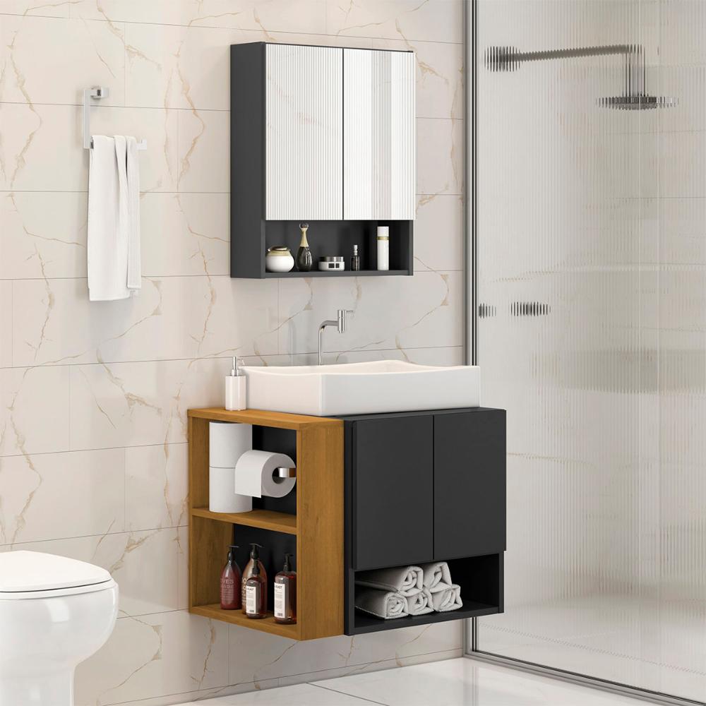 Gabinete Troia Cuba Dalla Branca Torneira Inox Valvula Click Preto Fosco/Naturale