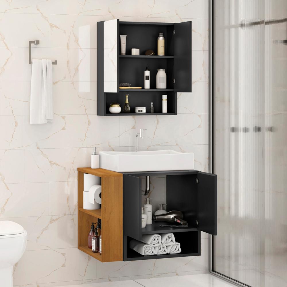 Gabinete Troia Cuba Dalla Branca Torneira Inox Valvula Click Preto Fosco/Naturale
