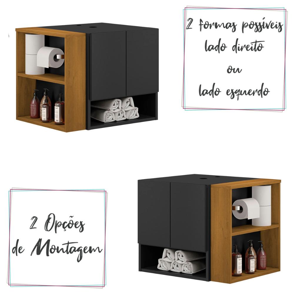 Gabinete Troia Cuba Dalla Branca Torneira Inox Valvula Click Preto Fosco/Naturale