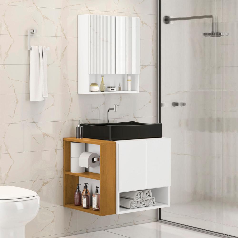 Gabinete Troia Cuba Dalla Preta Torneira Inox Valvula Click Branco/Naturale
