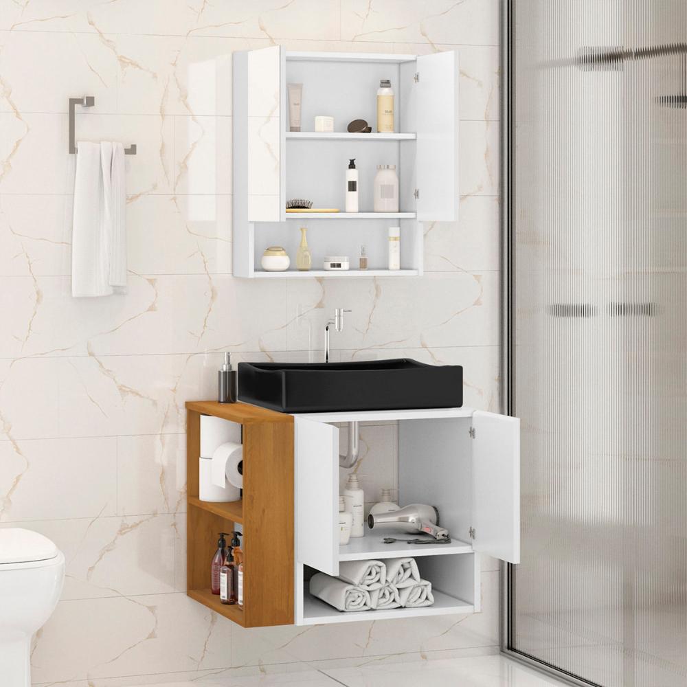 Gabinete Troia Cuba Dalla Preta Torneira Inox Valvula Click Branco/Naturale