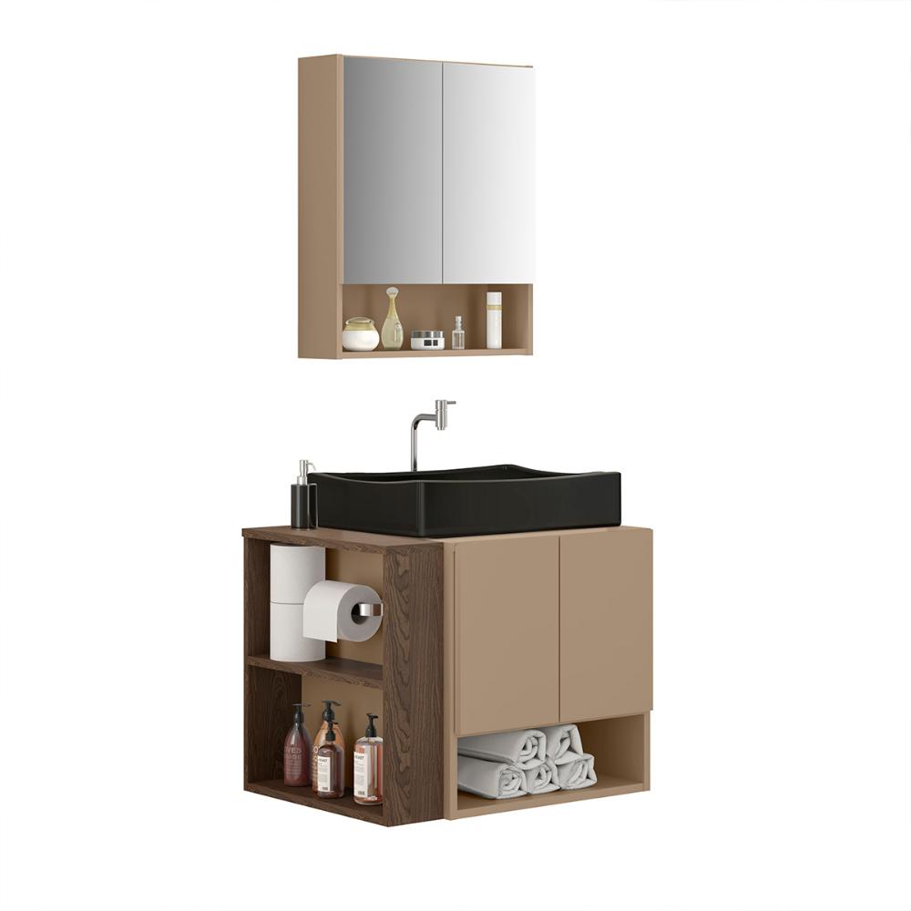 Gabinete Troia Cuba Dalla Preta Torneira Inox Valvula Click Fendi/Carvalho