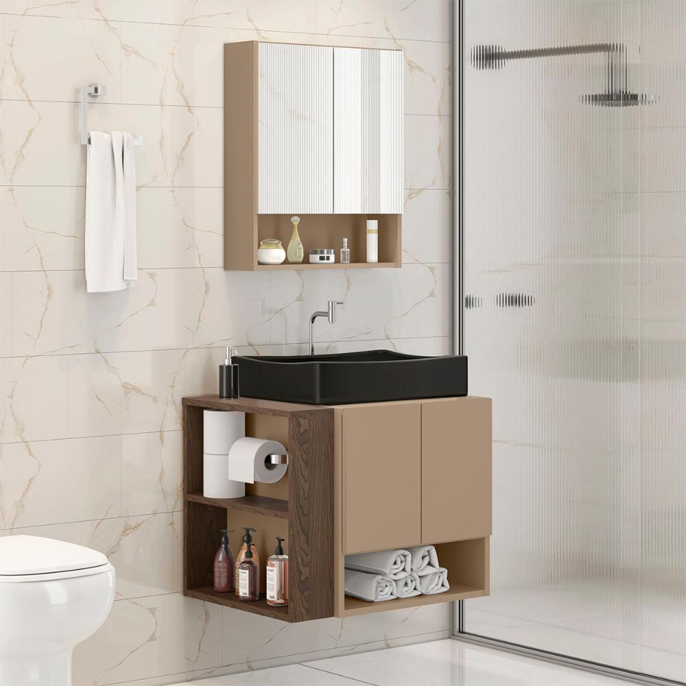 Gabinete Troia Cuba Dalla Preta Torneira Inox Valvula Click Fendi/Carvalho