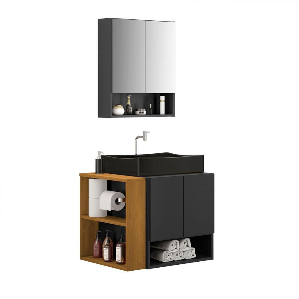 Gabinete Troia Cuba Dalla Preta Torneira Inox Valvula Click Preto Fosco/Naturale