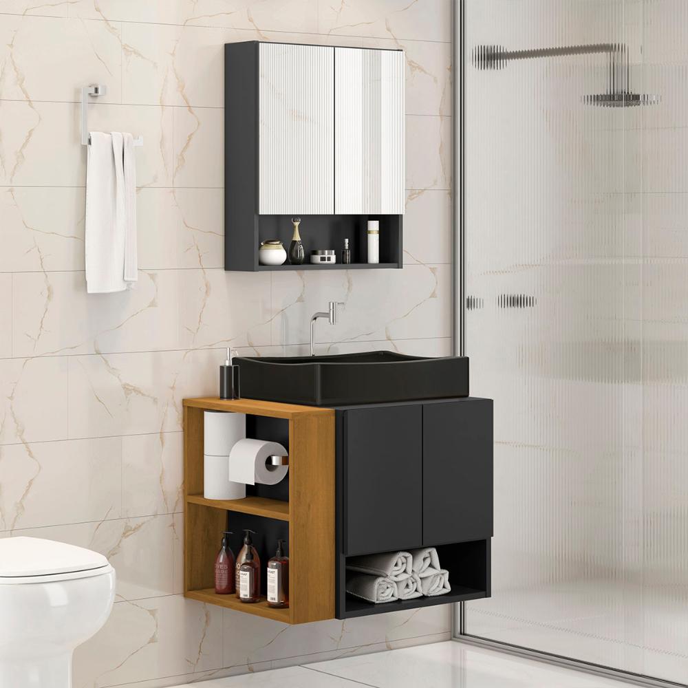 Gabinete Troia Cuba Dalla Preta Torneira Inox Valvula Click Preto Fosco/Naturale