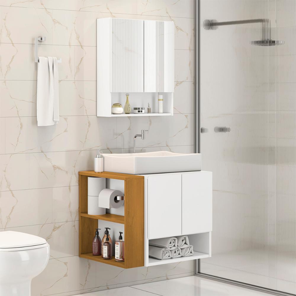 Gabinete Troia com Espelheira Cuba Dalla Branca e Papeleira Branco/Naturale
