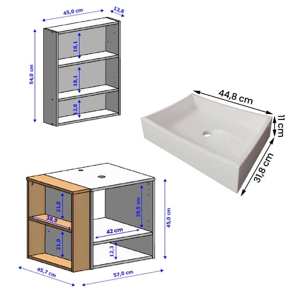 Gabinete Troia com Espelheira Cuba Dalla Branca e Papeleira Branco/Naturale