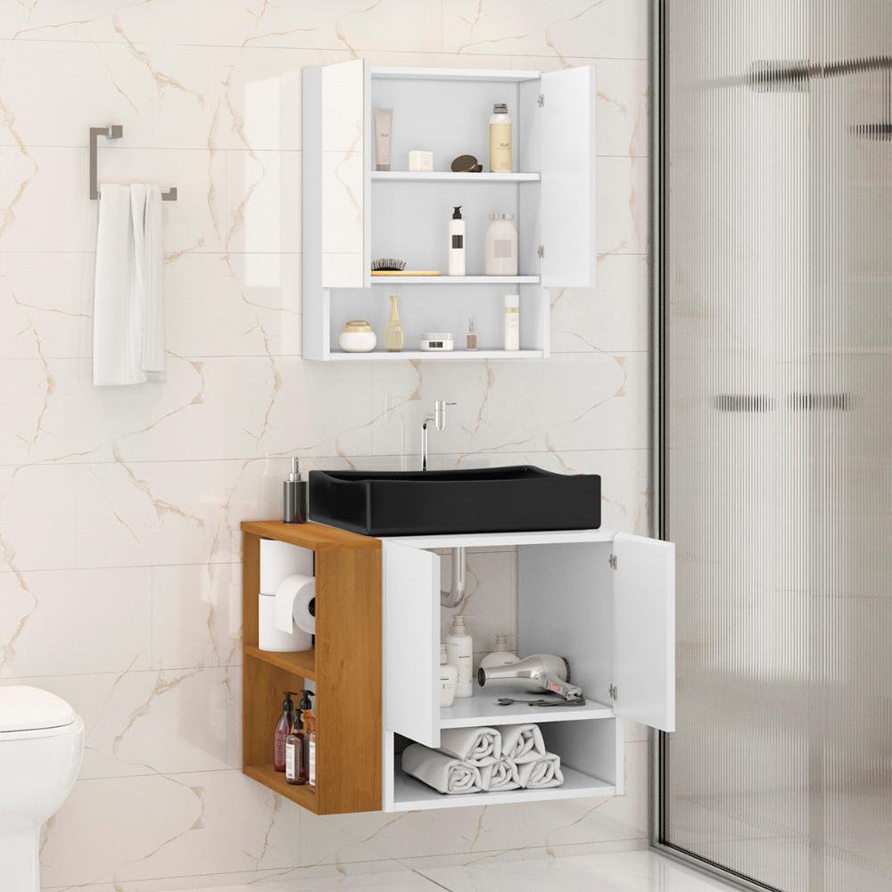 Gabinete Troia com Espelheira Cuba Dalla Preta e Papeleira Branco/Naturale