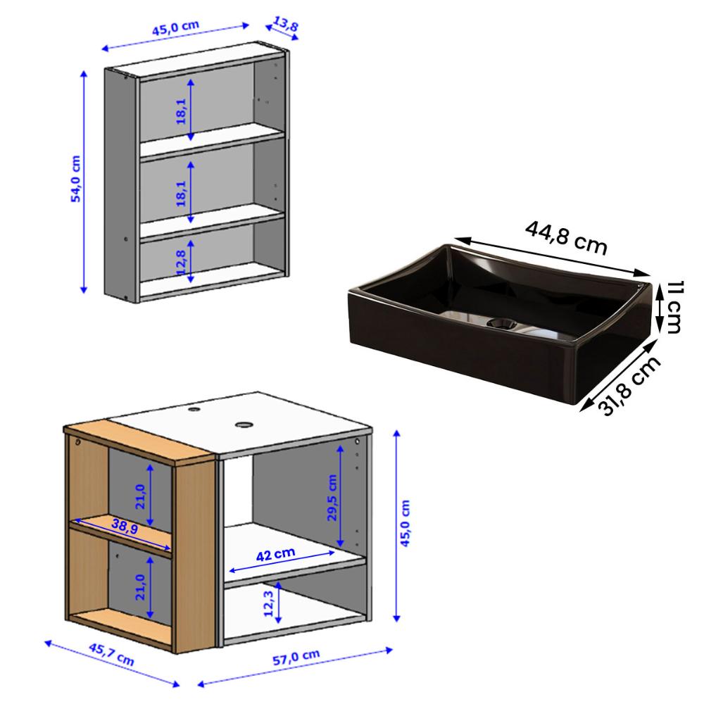 Gabinete Troia com Espelheira Cuba Dalla Preta e Papeleira Branco/Naturale
