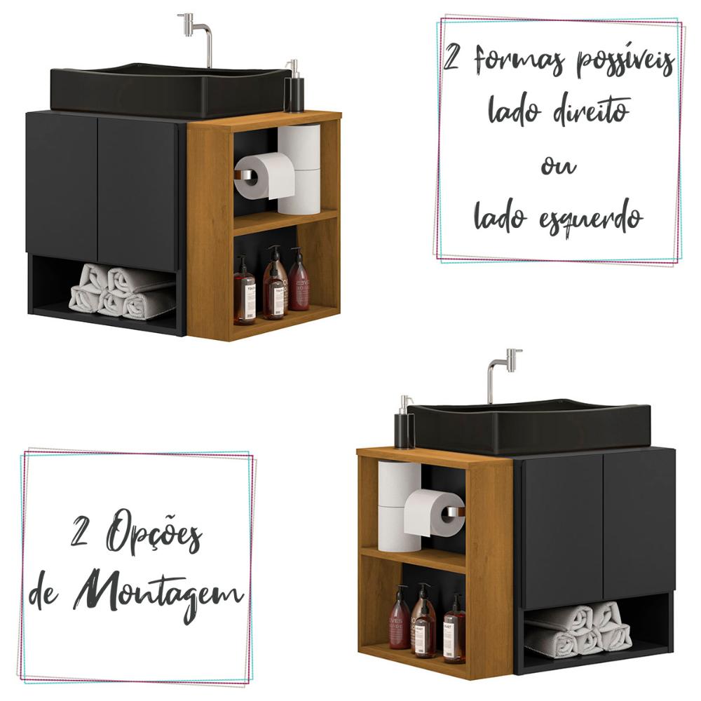 Gabinete Troia com Espelheira Cuba Dalla Preta e Papeleira Preto Fosco/Naturale