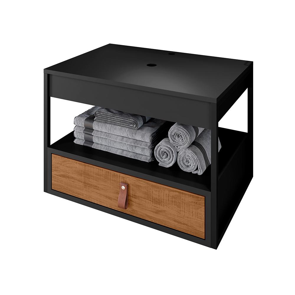 Gabinete para Banheiro Harley com 1 Gaveta Preto/Preto/Canela