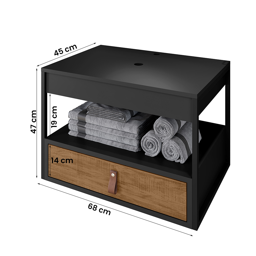 Gabinete para Banheiro Harley com 1 Gaveta Preto/Preto/Canela