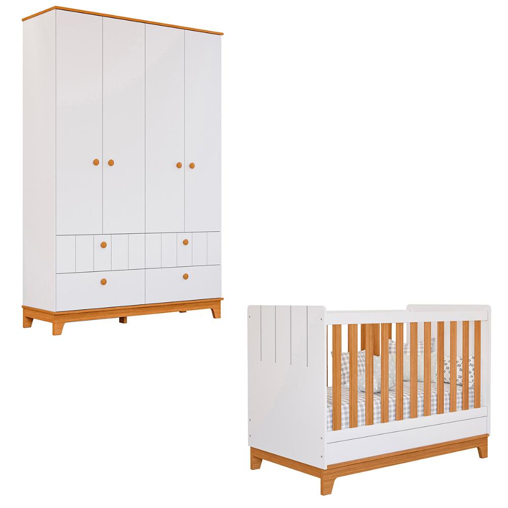 Kit Quarto Berço com Roupeiro Biscoito e Colchão Incluso Branco Acetinado/Nature