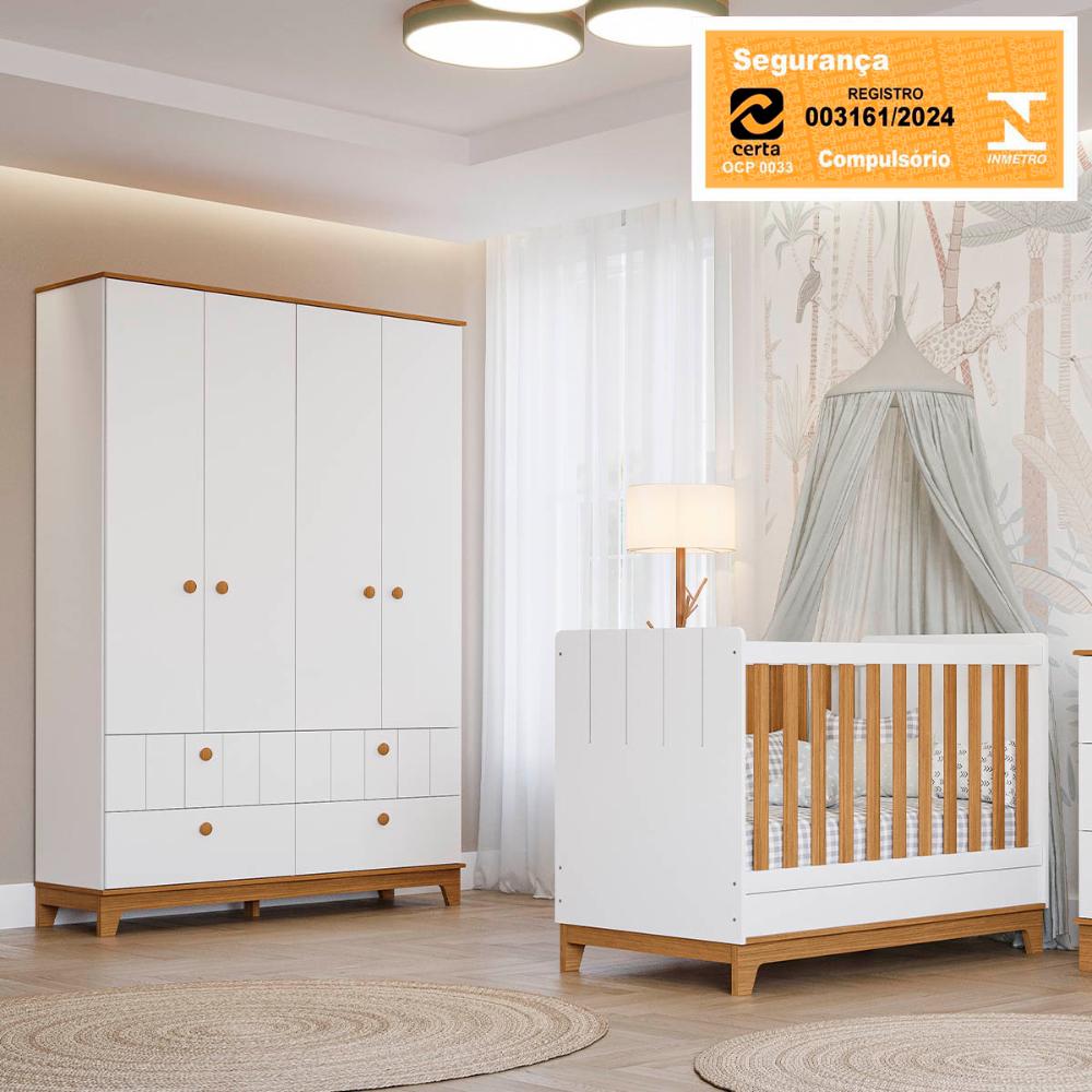 Kit Quarto Berço com Roupeiro Biscoito e Colchão Incluso Branco Acetinado/Nature