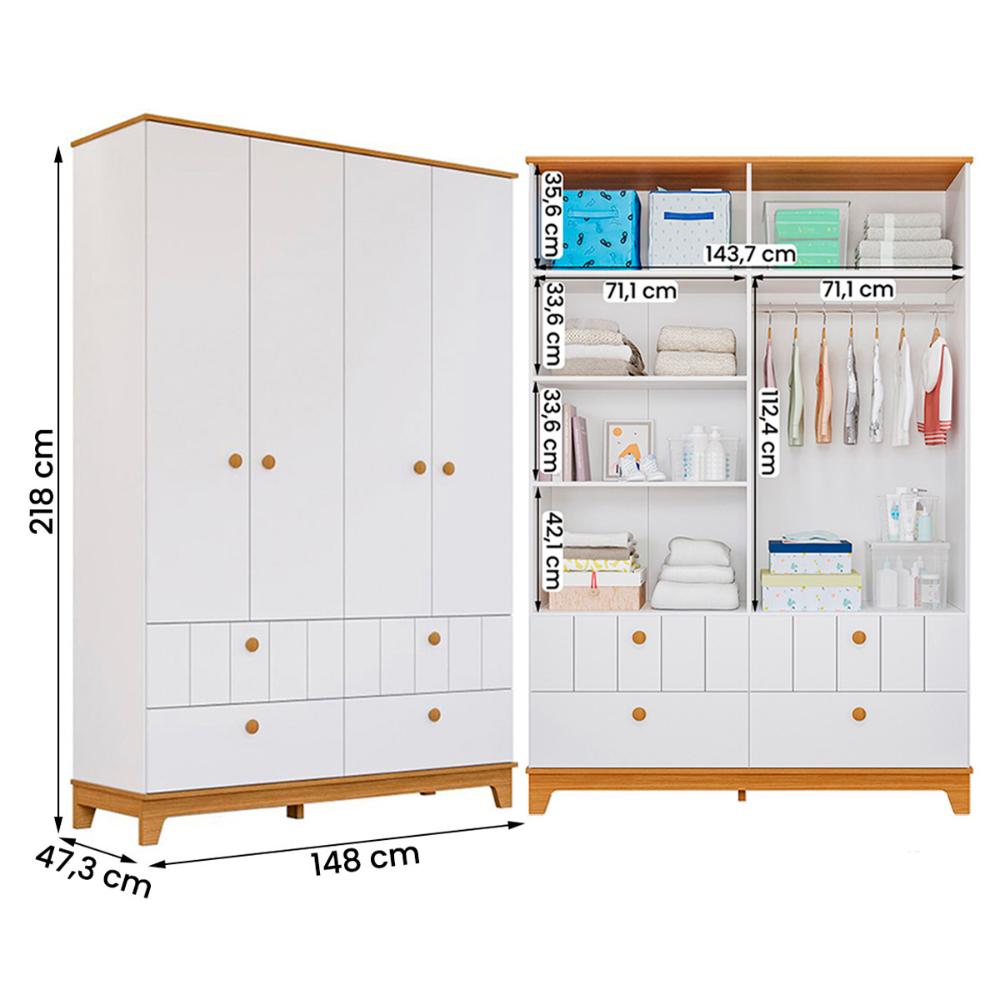 Kit Quarto Berço com Roupeiro Biscoito e Colchão Incluso Branco Acetinado/Nature