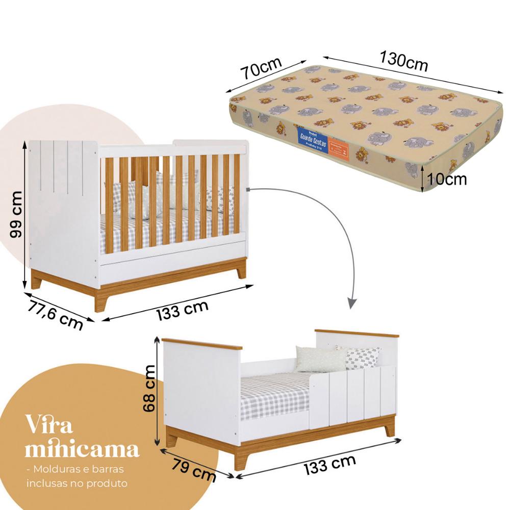 Kit Quarto Berço com Roupeiro Biscoito e Colchão Incluso Branco Acetinado/Nature
